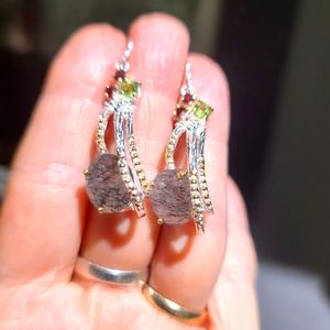 Rutilated Quartz Peridot &Rhodolite sterling & gold dramatic earrings